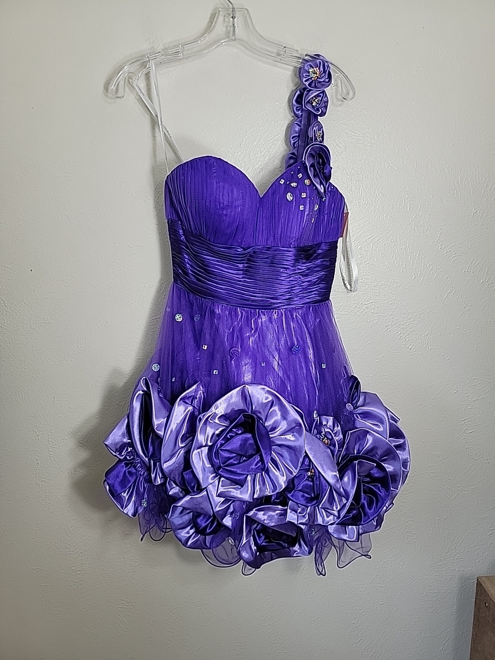 Y2k Purple Tulle Rosette Mini Dress One Shoulder Sz 6